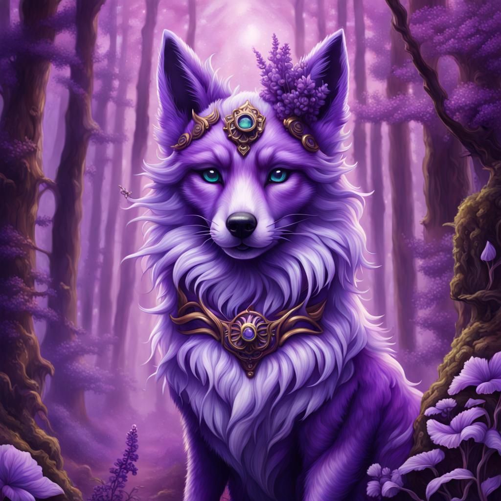 Surreal Aetherpunk Purple Kitsune in Lavender Forest