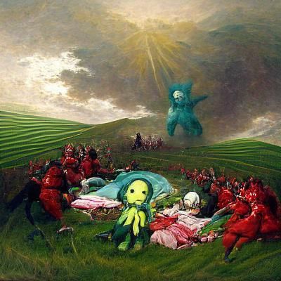 Teletubbies Feast: A Horror Scene in Doré Style