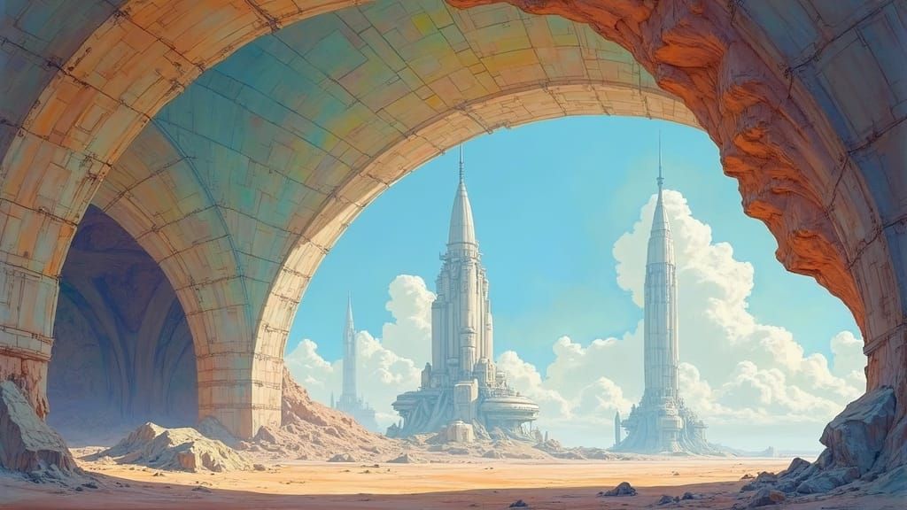 Utopian Spaceport Interior in Watercolor Gouache Style