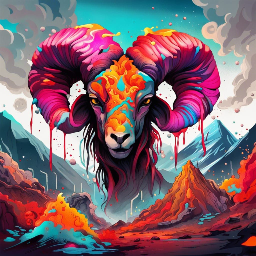 Aries as Graffiti Art Volcano God