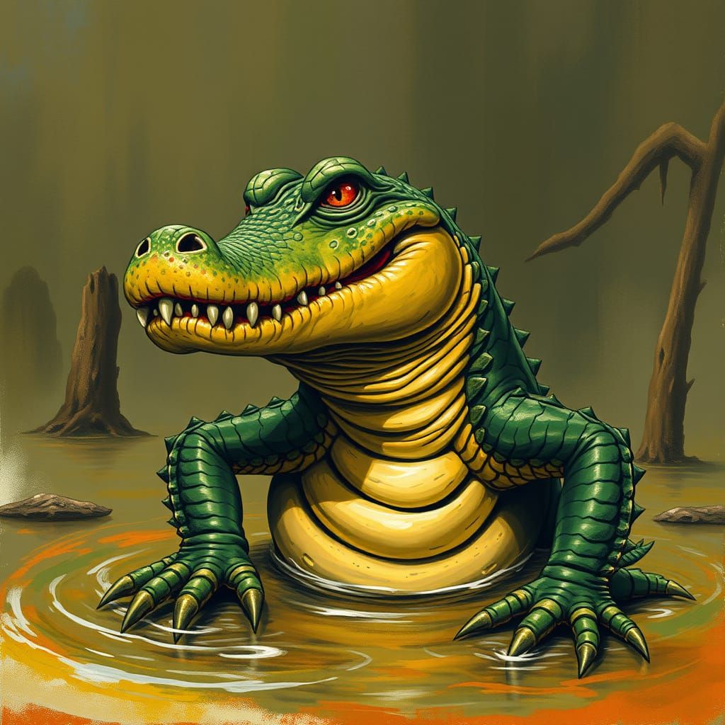 Frustrated Crocodile in Swamp, Fantasy Art Style