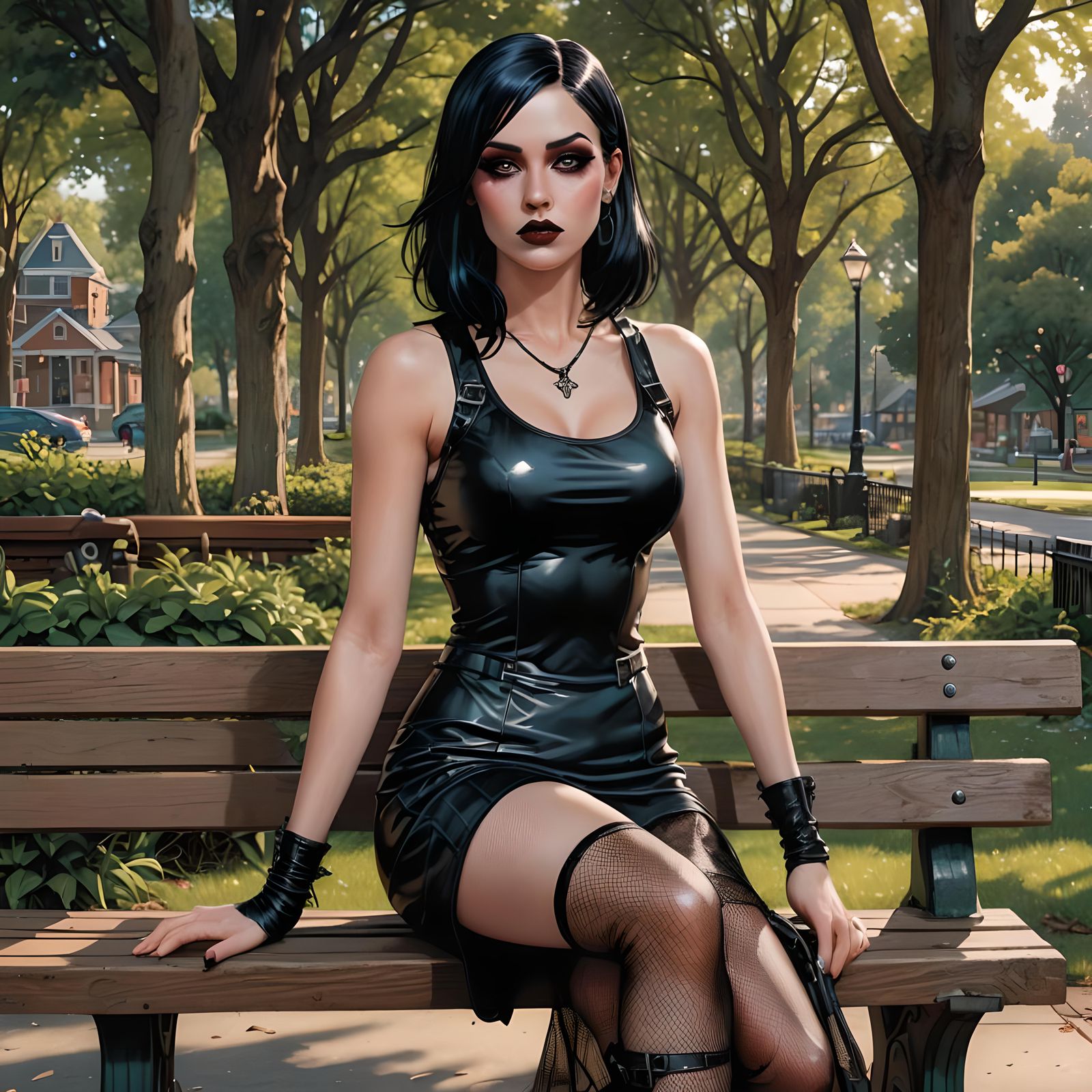 A ravishing young glitter goth woman with an innocent face. She wears a tank top and micro miniskirt. She wears fishnet ...