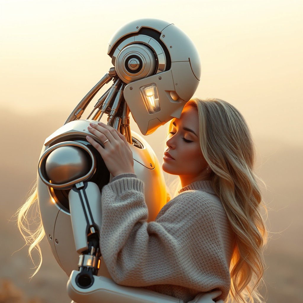 Robot Embracing Woman in Ethereal Light