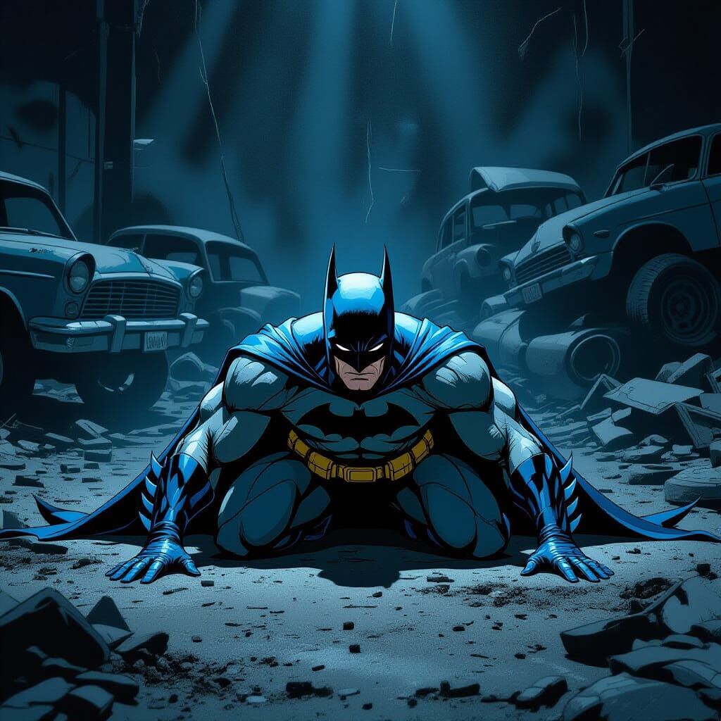 Batman Doing Pushups in a Gritty Junkyard