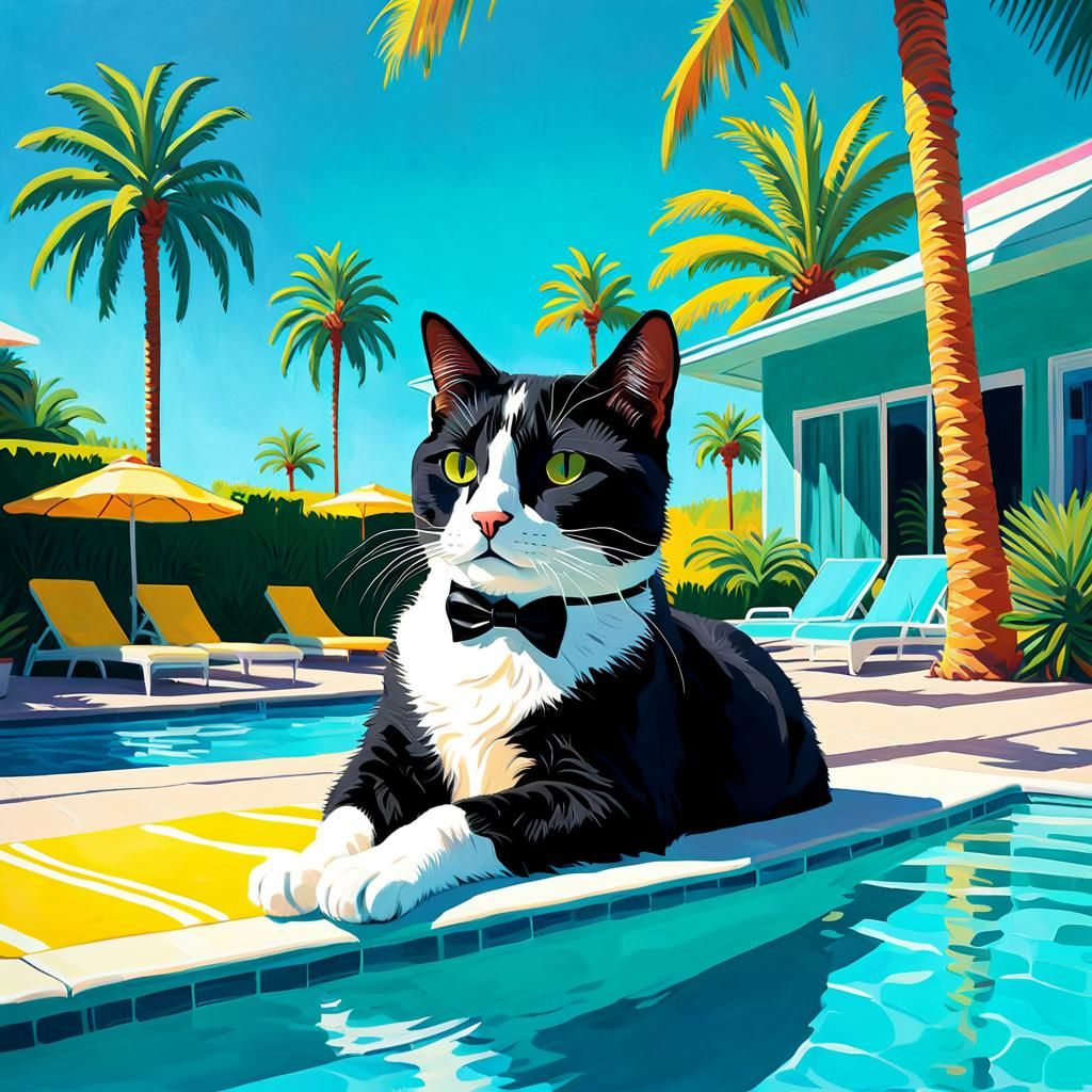 Tuxedo Cat Lounging Poolside in Pop Art Style