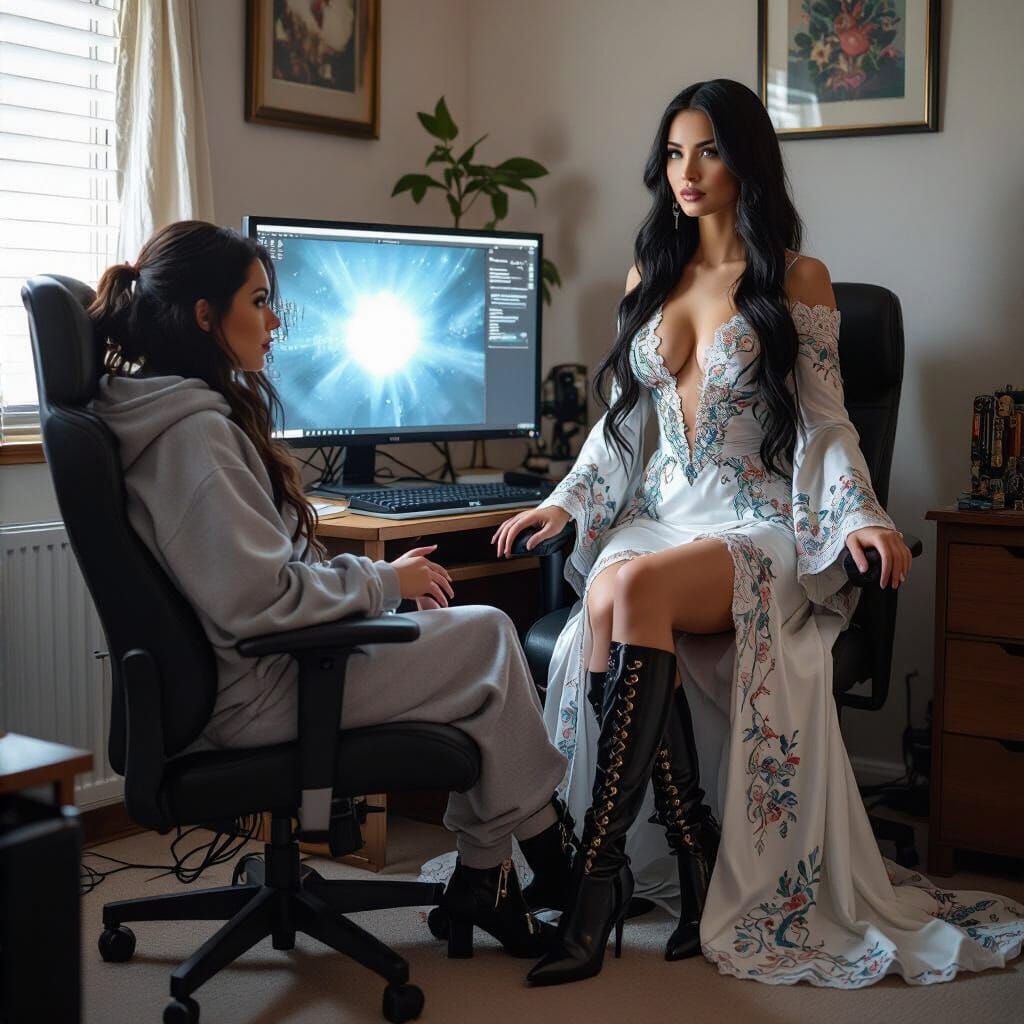 Geeky Woman Dreams of Idealized Goddess in Sci-Fi Scene