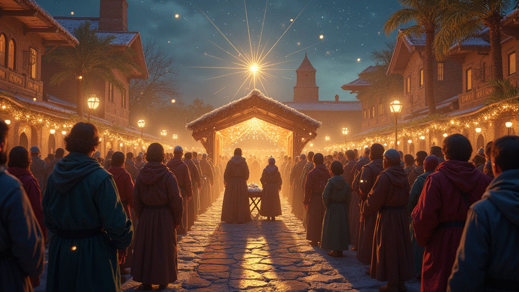 Festive Christmas Carolers Gather at Manger Scene