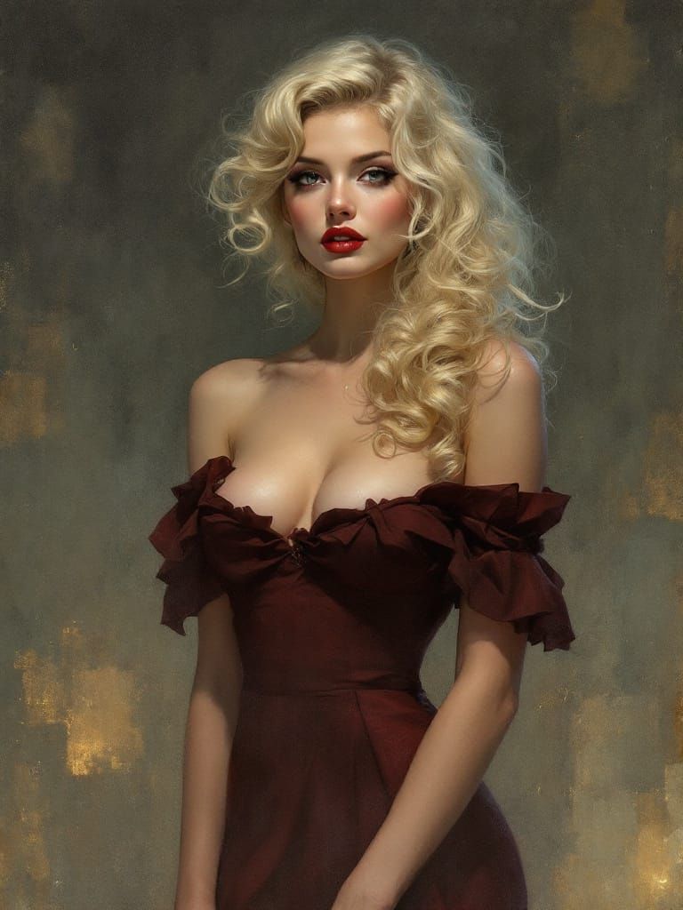 1950s Pin-Up Woman in Maroon Dress with Soft Gaze