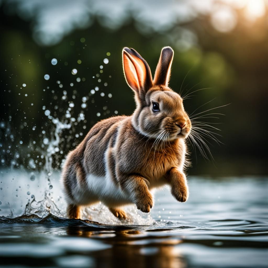 Hyperrealistic Bunny Jumping on Water in Cinematic Style