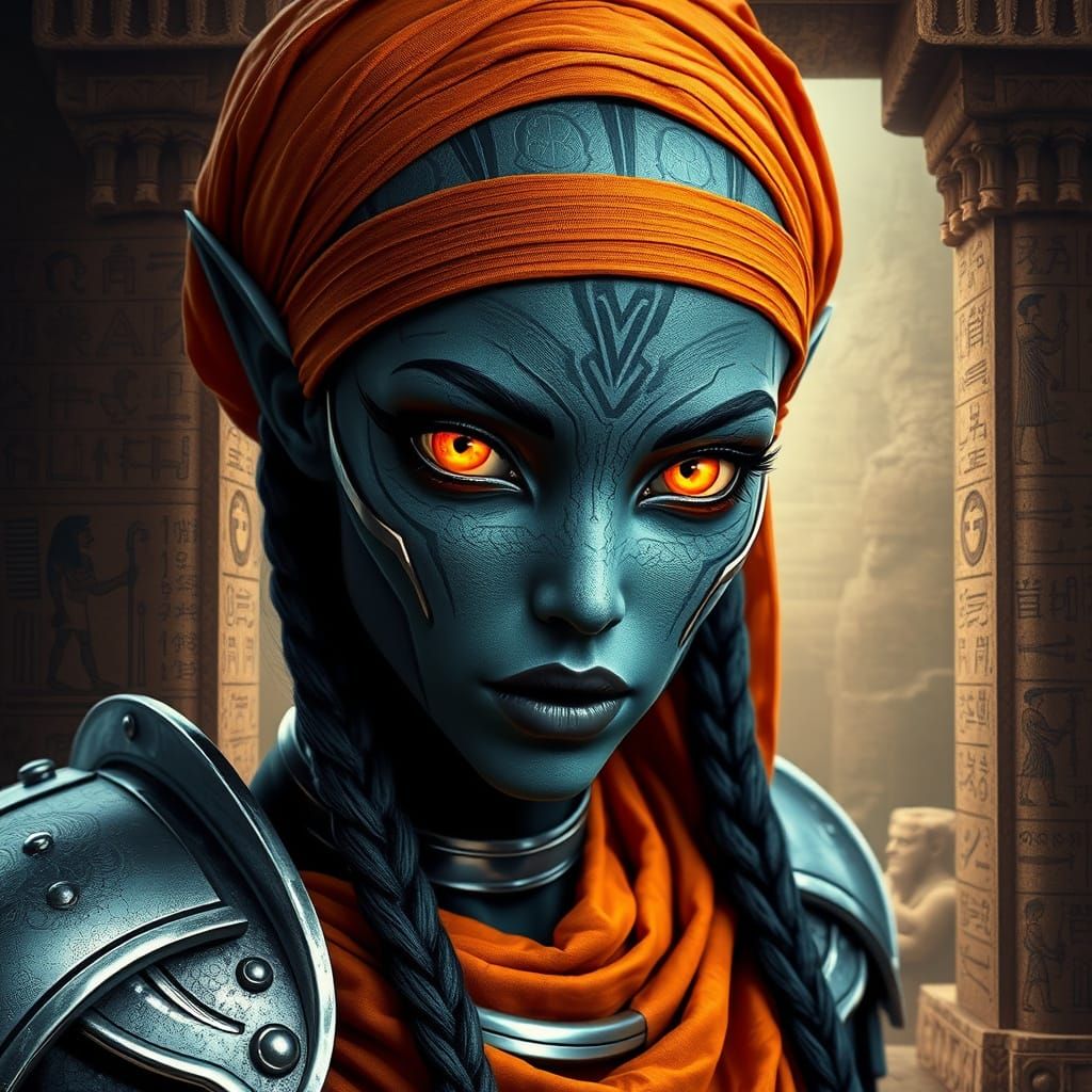 Sci-Fi Alien Woman in Ancient Temple, Digital Art