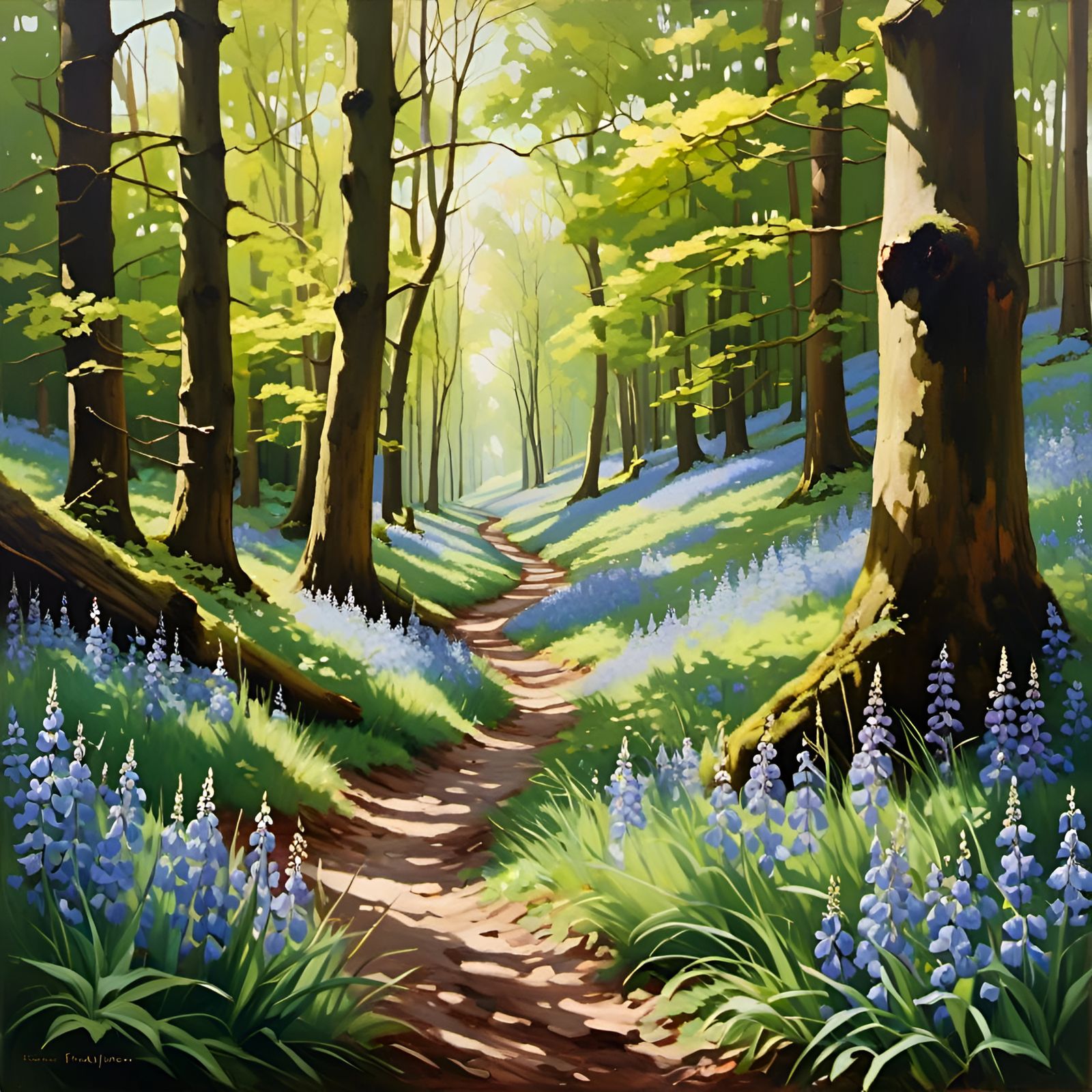 Spring Forest Oil Painting with Bluebells