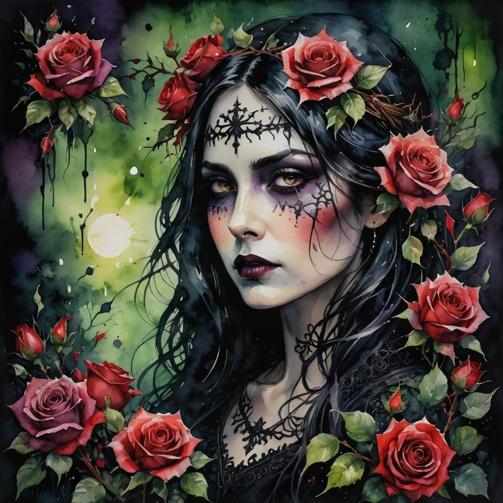 Gothic Woman Surrounded by Roses in Watercolor