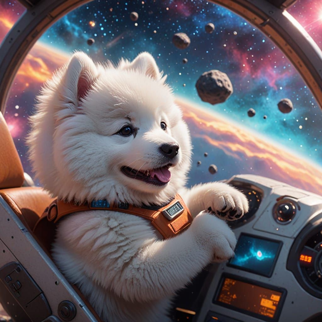 Samoyed Puppy Pilots Spaceship in Pixar Style