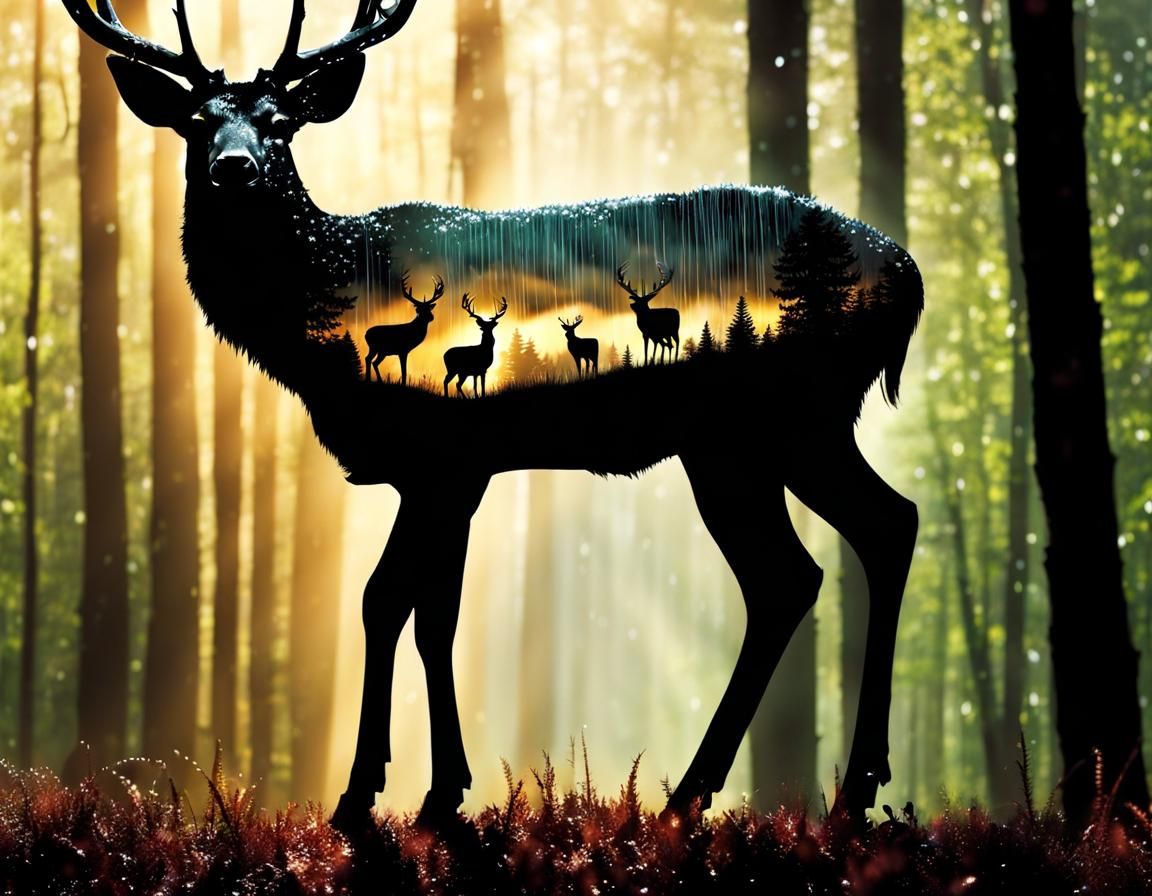 Rain Deer Double Exposure in Sunny Forest