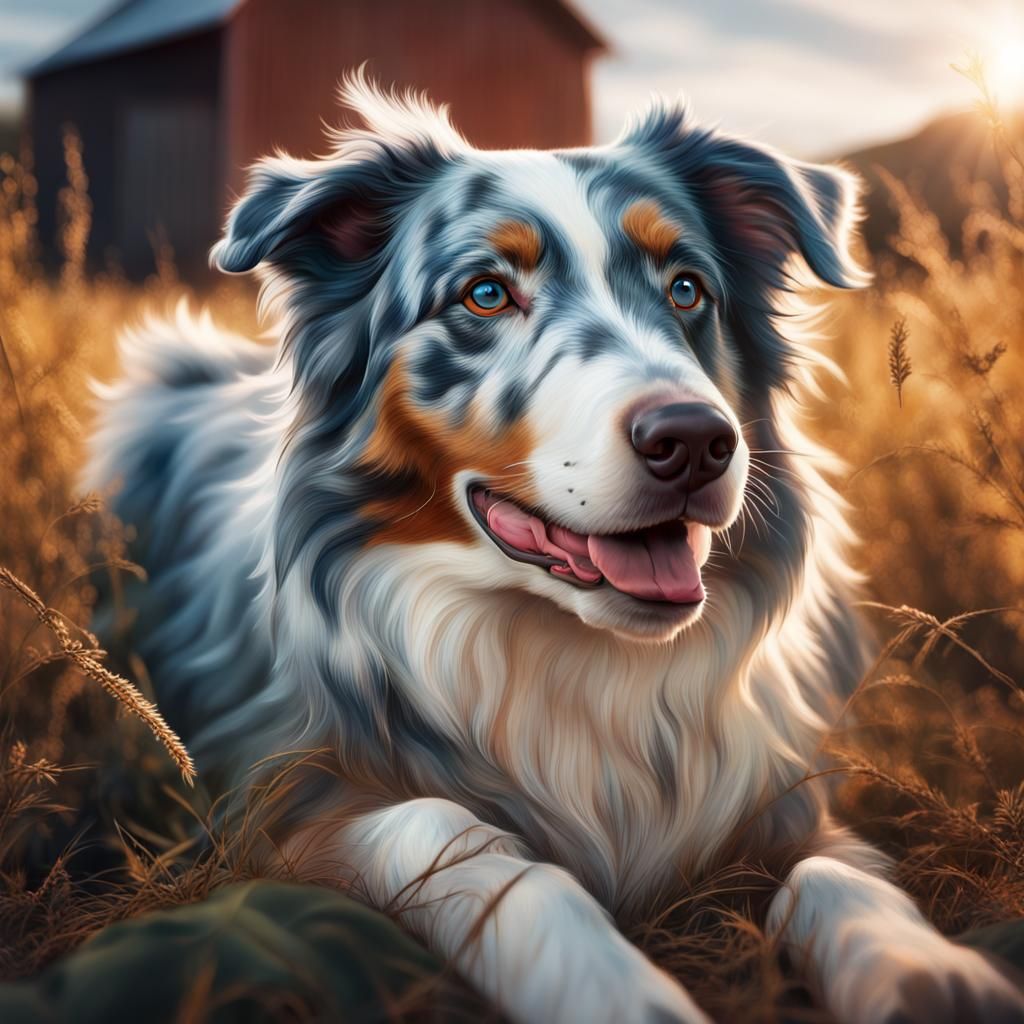 Blue Merle Shepherd on a Farm, Hyperrealistic Style