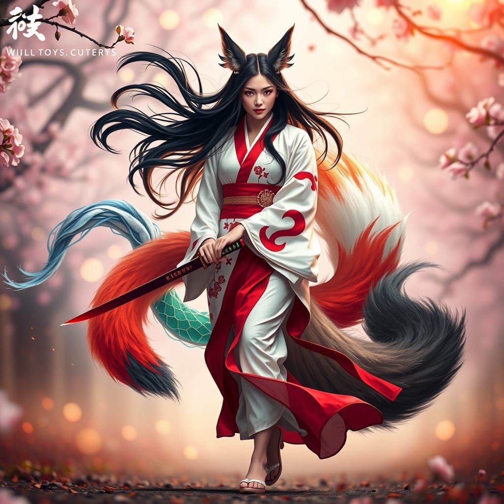Cyberpunk-Inspired Kitsune in Kimono Strolls with Katana, Su...