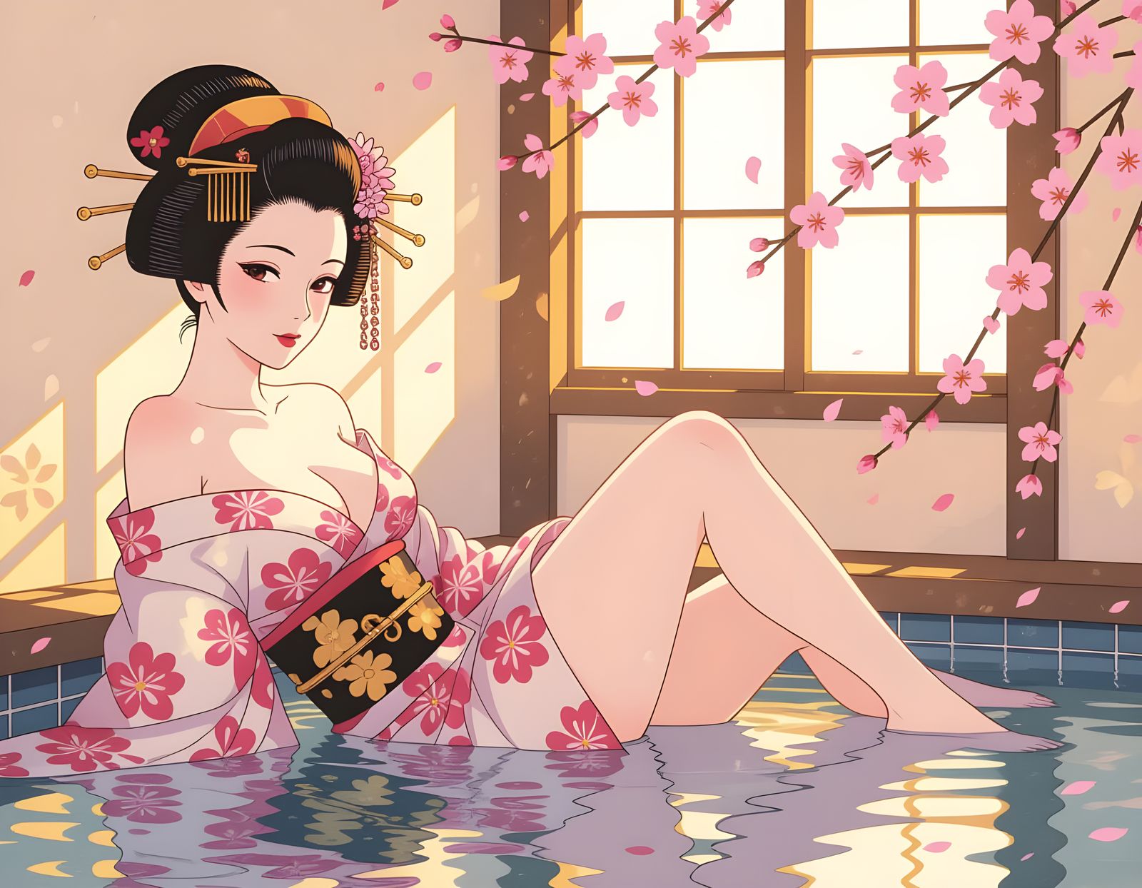 Exotic Geisha in Sunlit Japanese Bath House