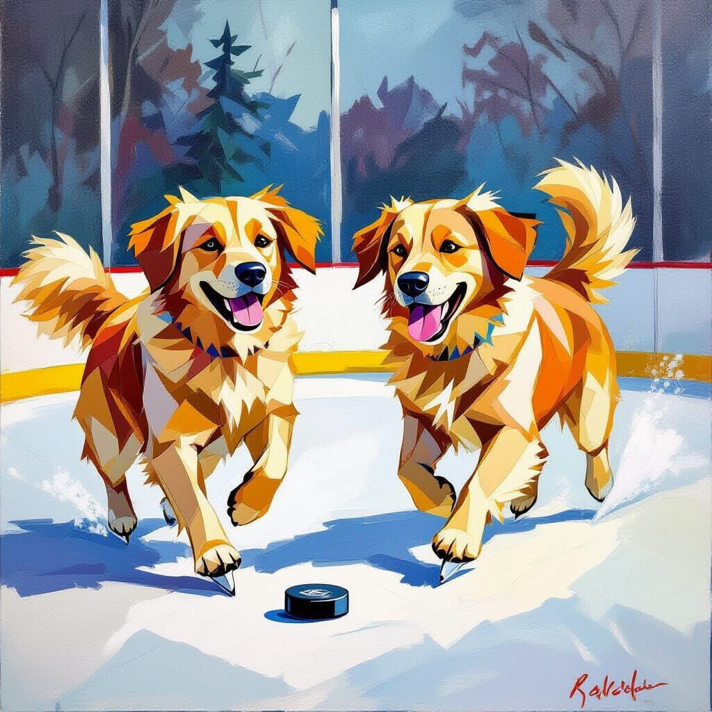 Picasso-Inspired Golden Retrievers Chase Puck on Ice Rink