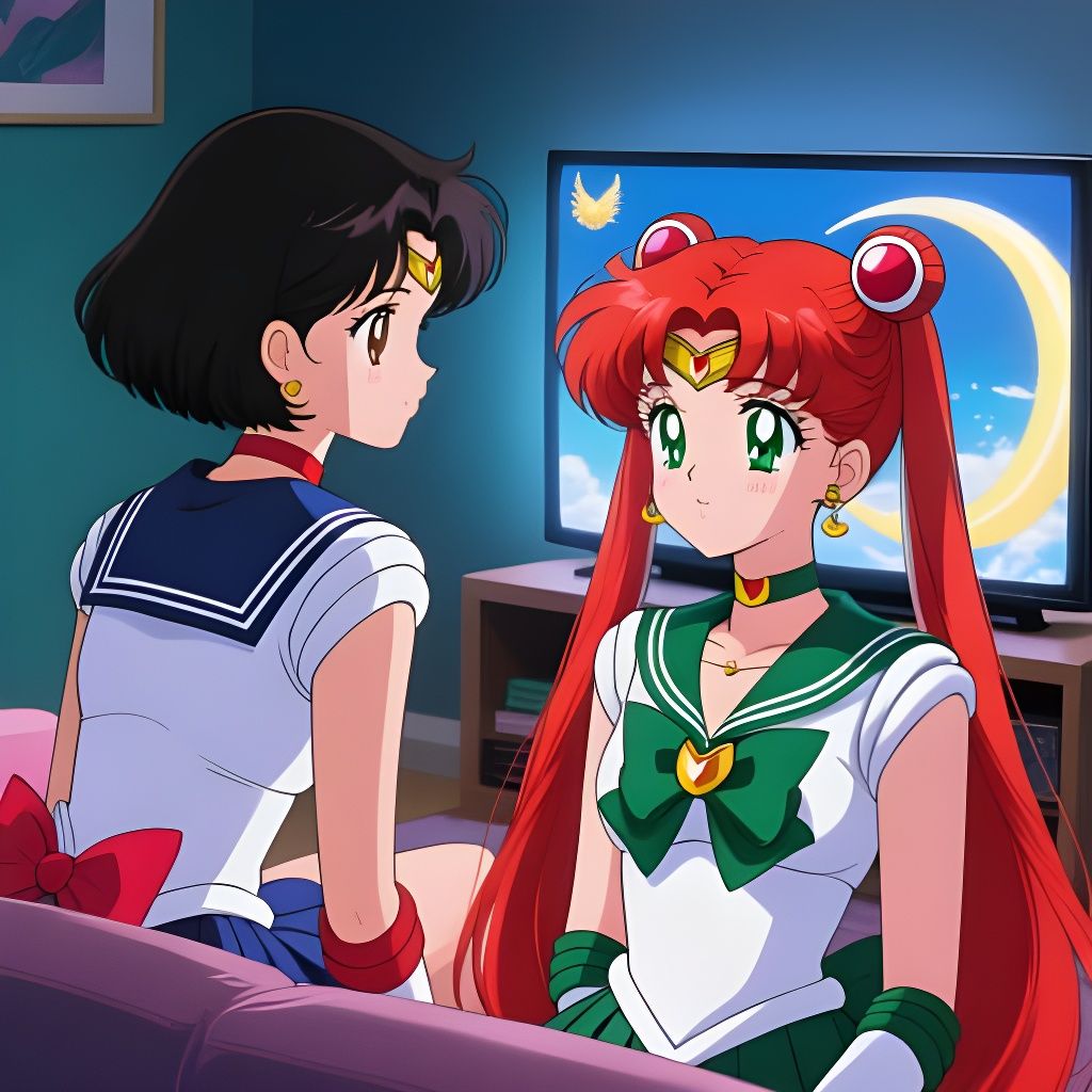 Two Sailor Scouts Watching Sailor Moon on TV