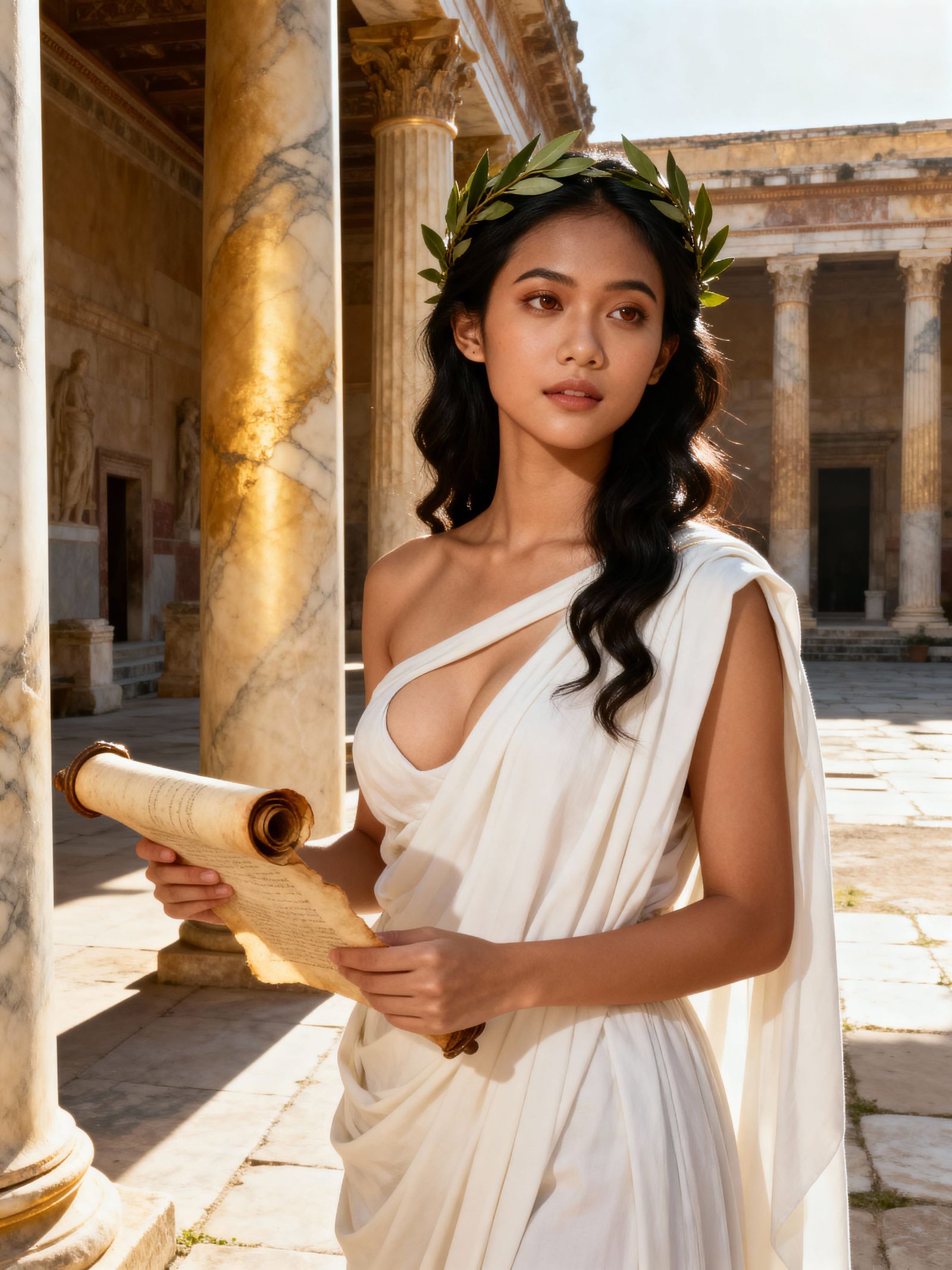 Elegant Ancient Courtyard with Indonesian Woman Holding Scro...
