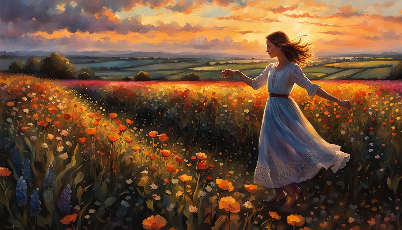 Girl Dancing in Flower Field in Hyperrealistic Style
