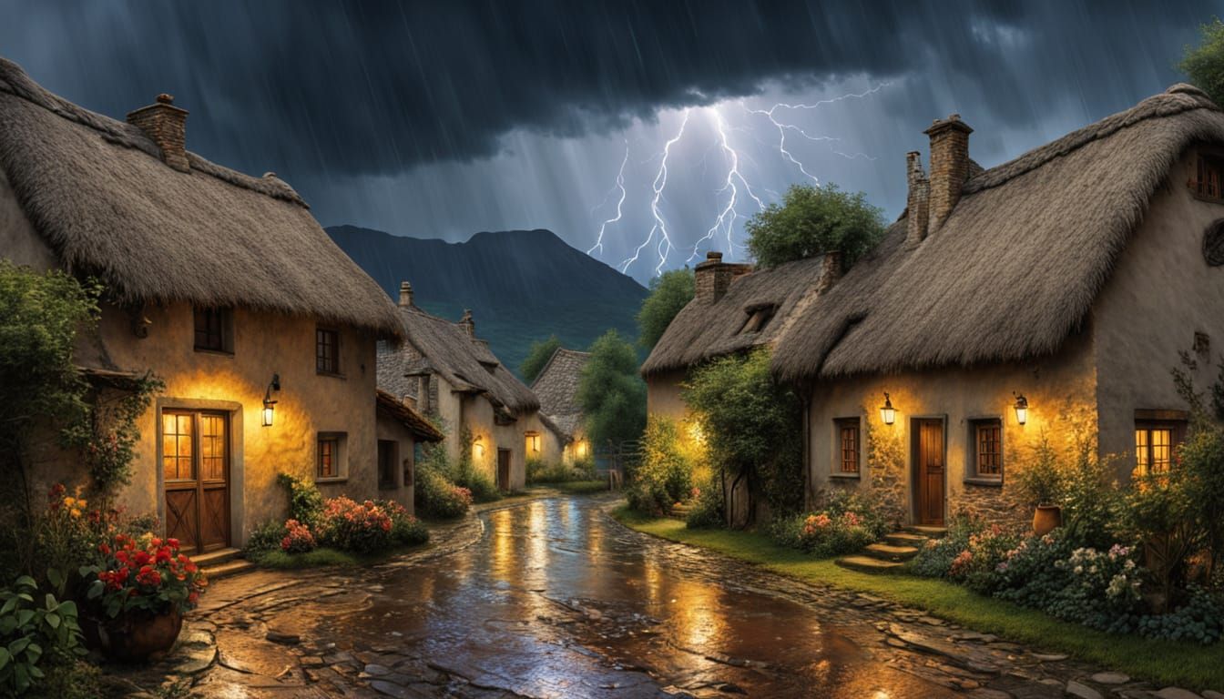Baroque Oil Painting of Mountain Village in Stormy Night