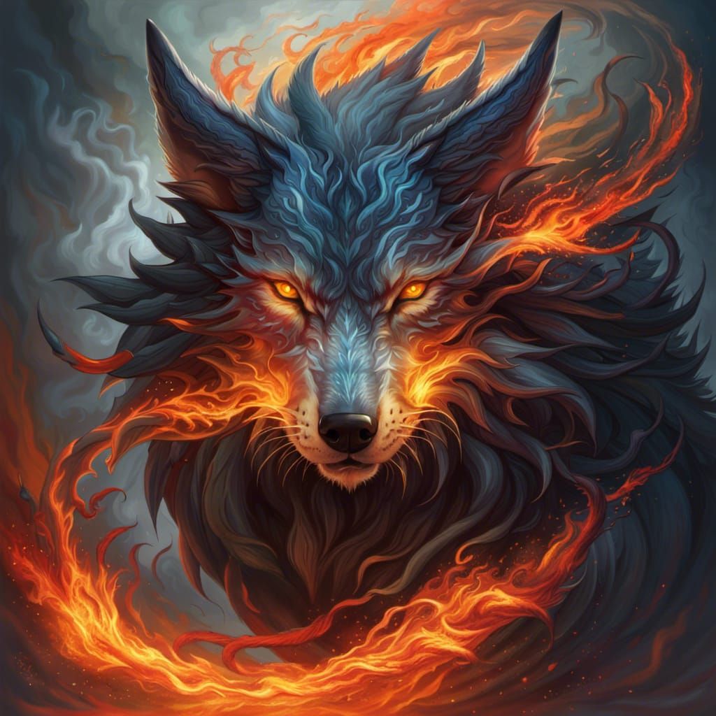 Ethereal Wolf Dragon in Swirling Flames