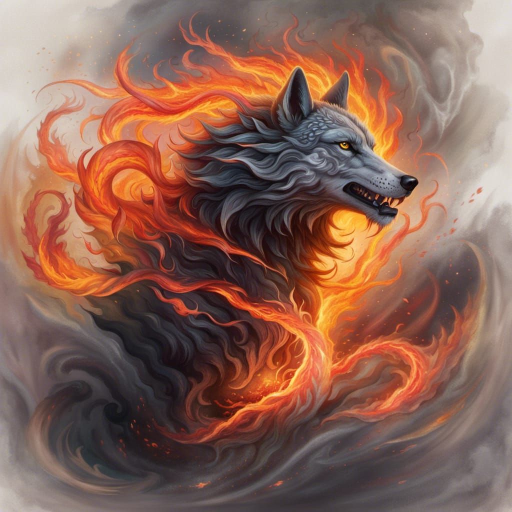 Ethereal Wolf Dragon Hybrid in Swirling Flames