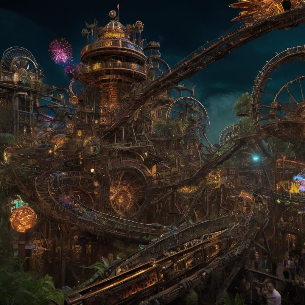 Aztec Alien Steampunk Theme Park at Night