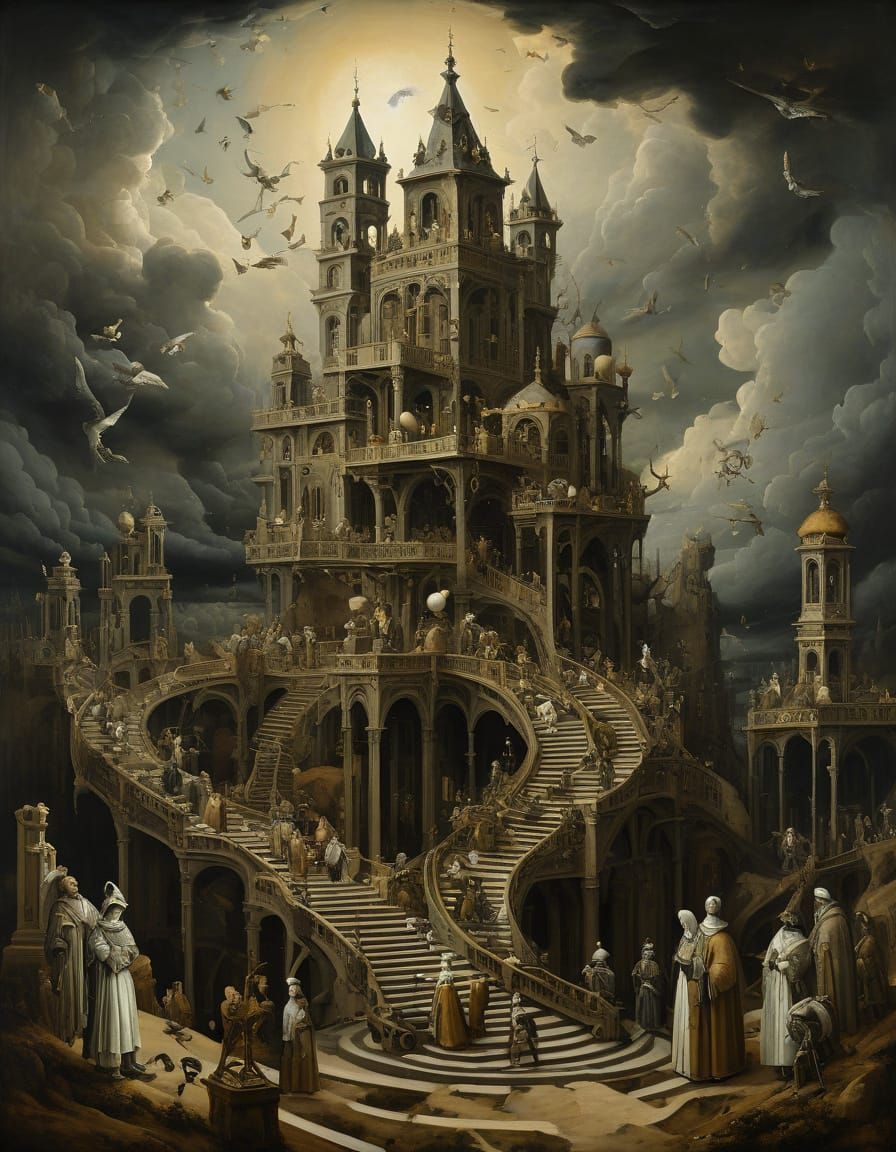 Surreal Escher Structure in Whimsical Landscape