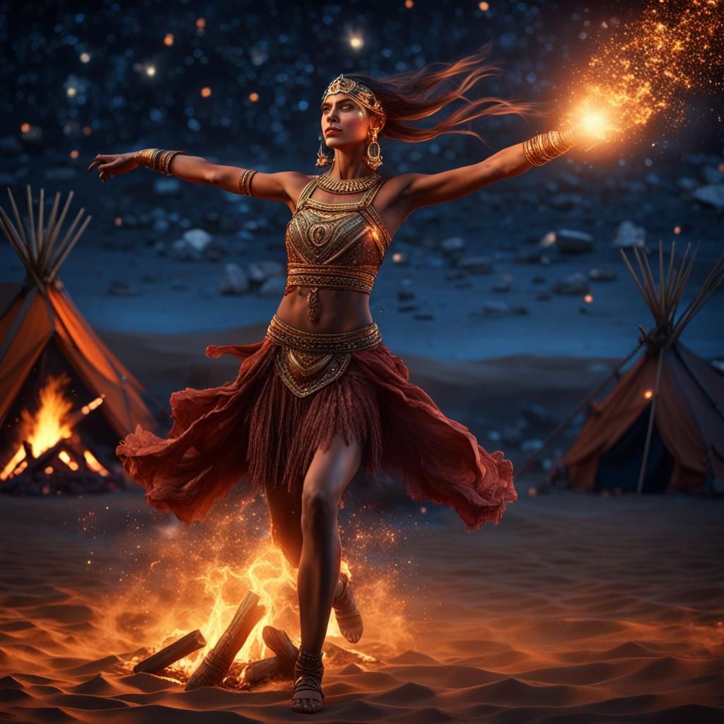 Sumerian Girl Dancing Under Starry Desert Sky