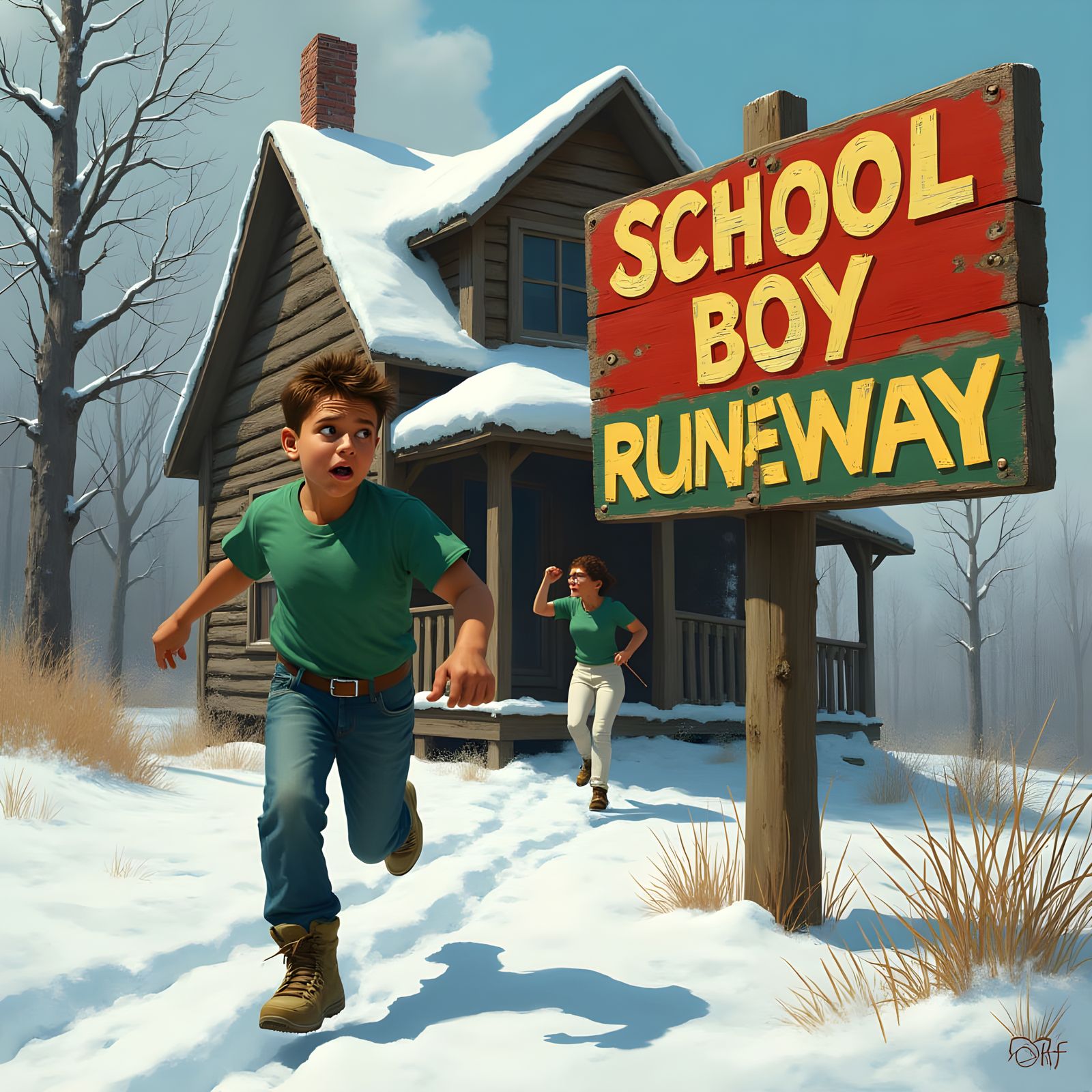 Young Man Fleeing from a Snowy Rundown House in Fear