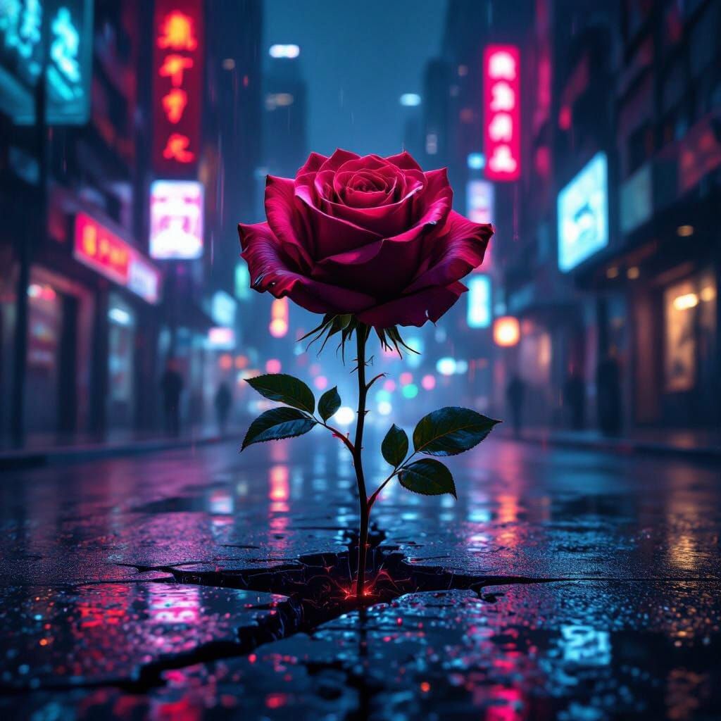 Cyberpunk Cityscape with Giant Luminescent Rose