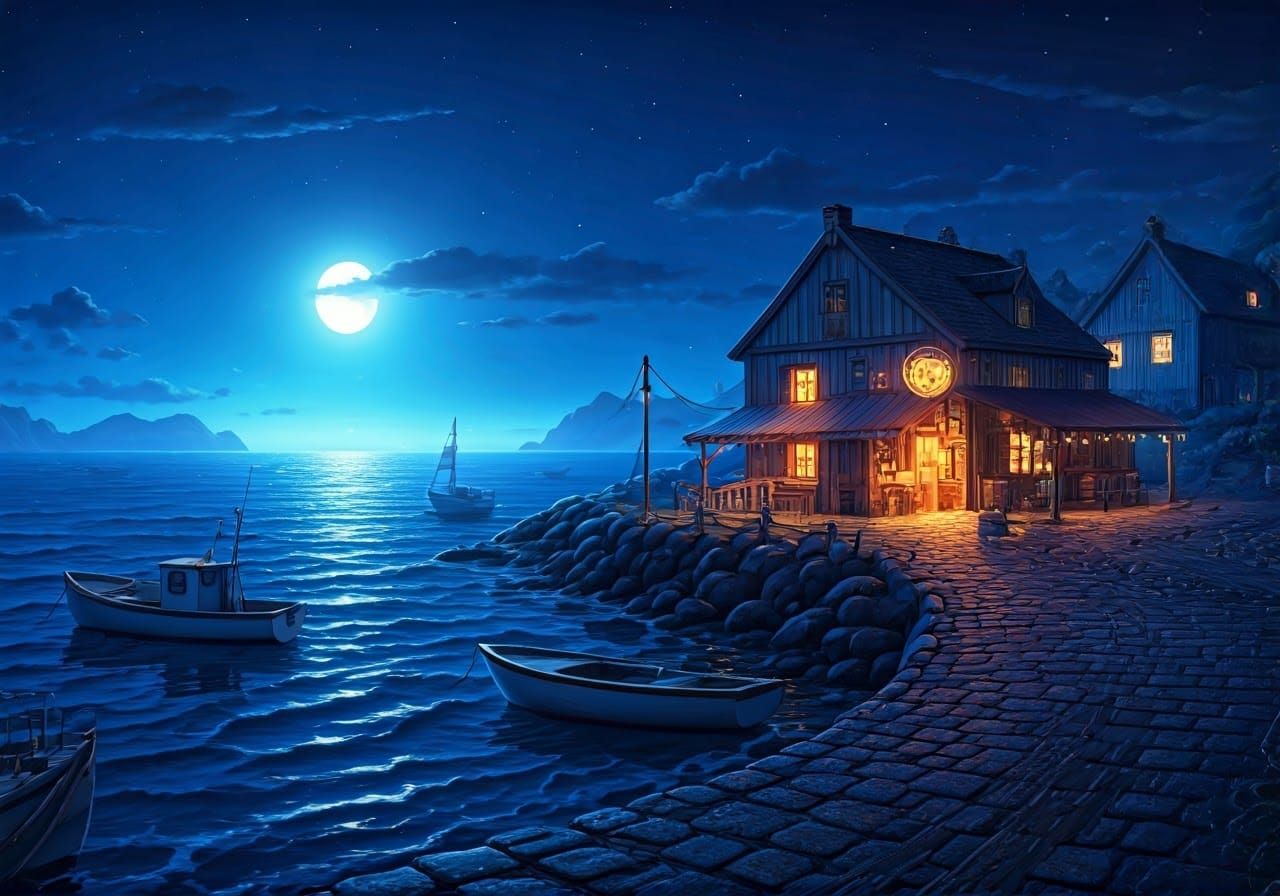 Moonlit Summer Village by the Ocean