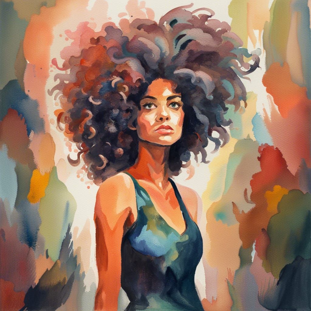 Impressionist Woman with Big Hair in Gouache Style