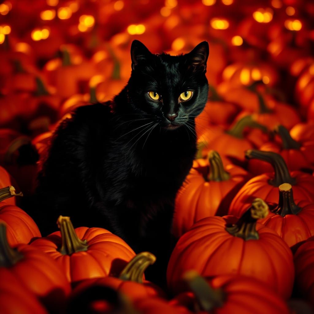 Black Cat Among Pumpkins on Halloween Night
