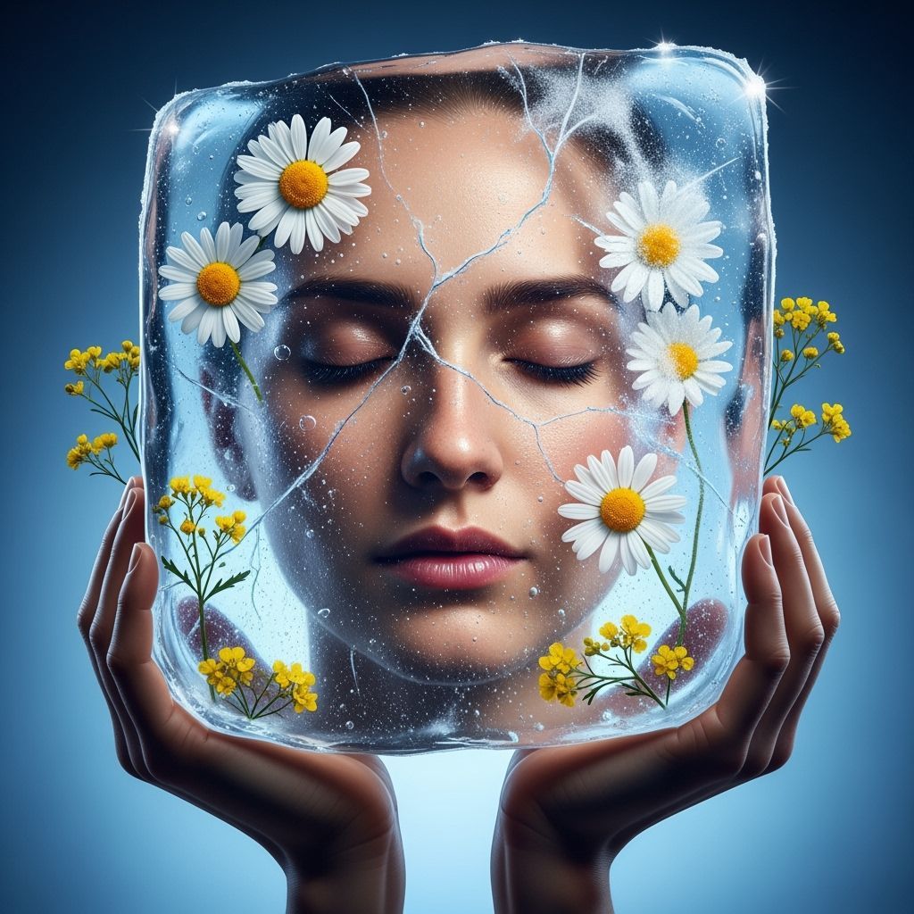 Serene Woman Encased in Ice with Floral Accents