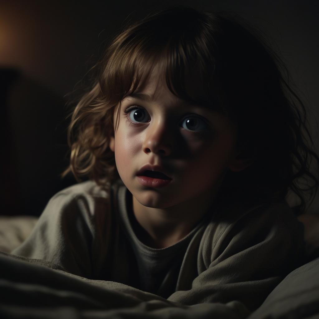 Frightened Child in Shadows: Cinematic Film Still