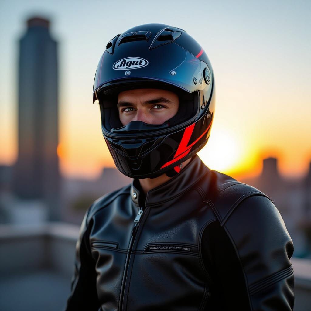 Biker at Sunset on Rooftop, Realistic Digital Art