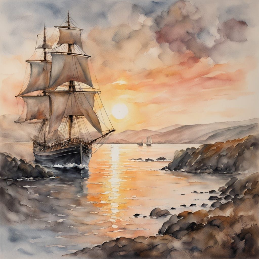 Majestic Sailing Ship at Sunset: Watercolor Painting
