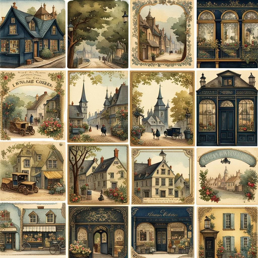 Vintage English Village Ephemera in Gothic Watercolor Style