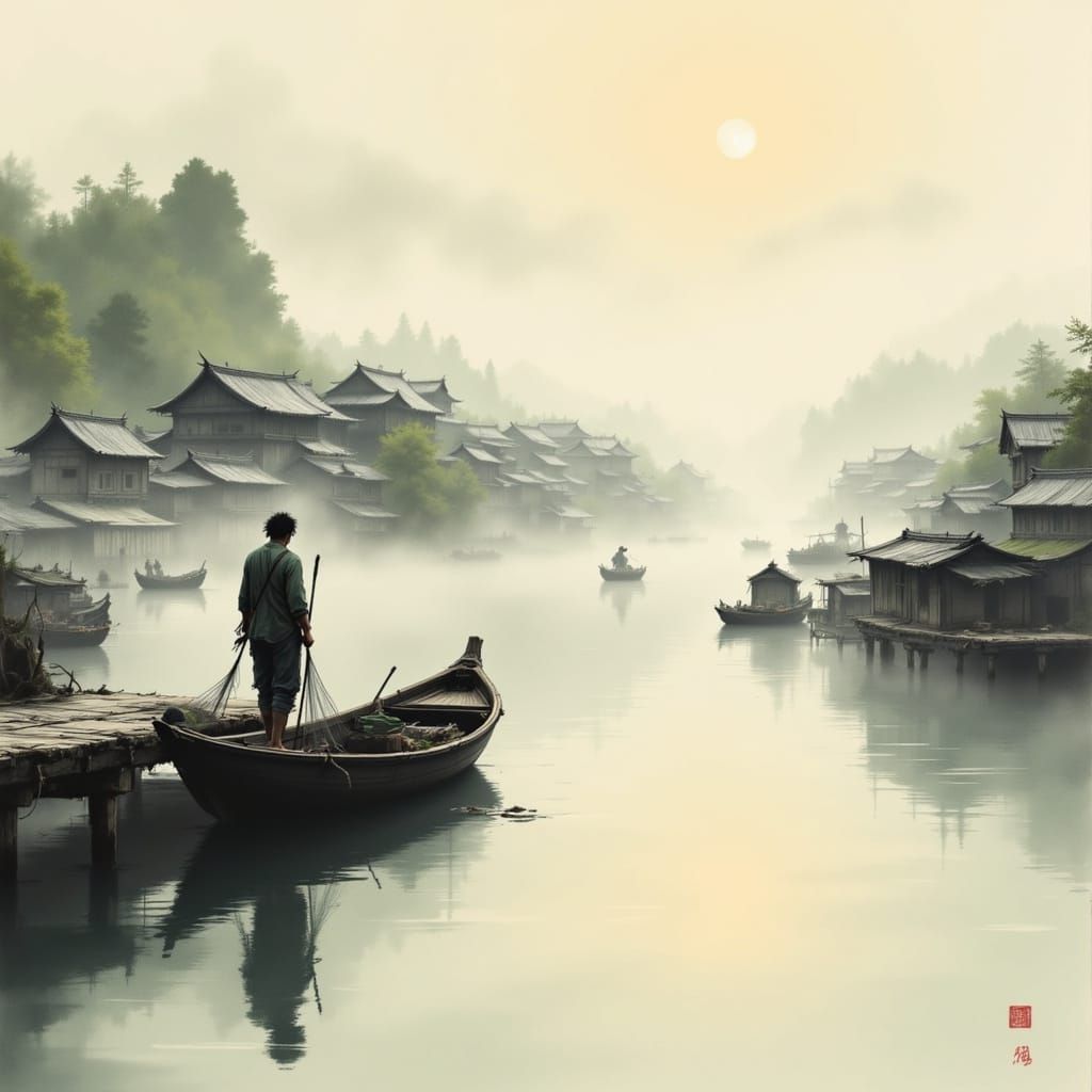 Japanese Fishing Village at Dawn in Watercolor Style