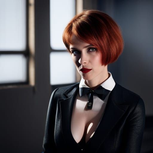 Cyberpunk Redhead Secretary in Neon Cityscape