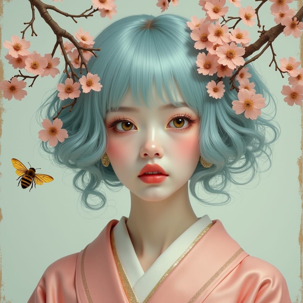 Japanese Woman with Cherry Blossoms in Fantia Style