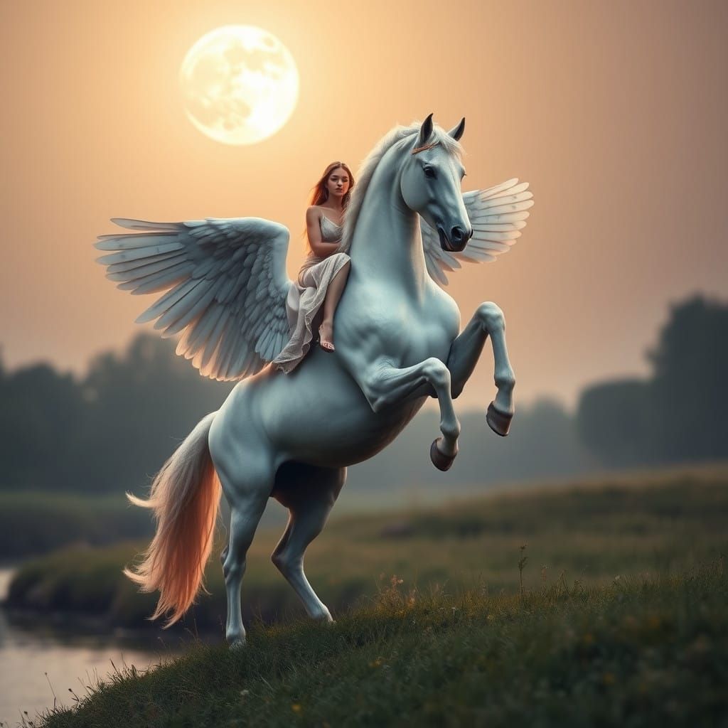 Majestic Pegasus in Moonlit Meadow with Tündér