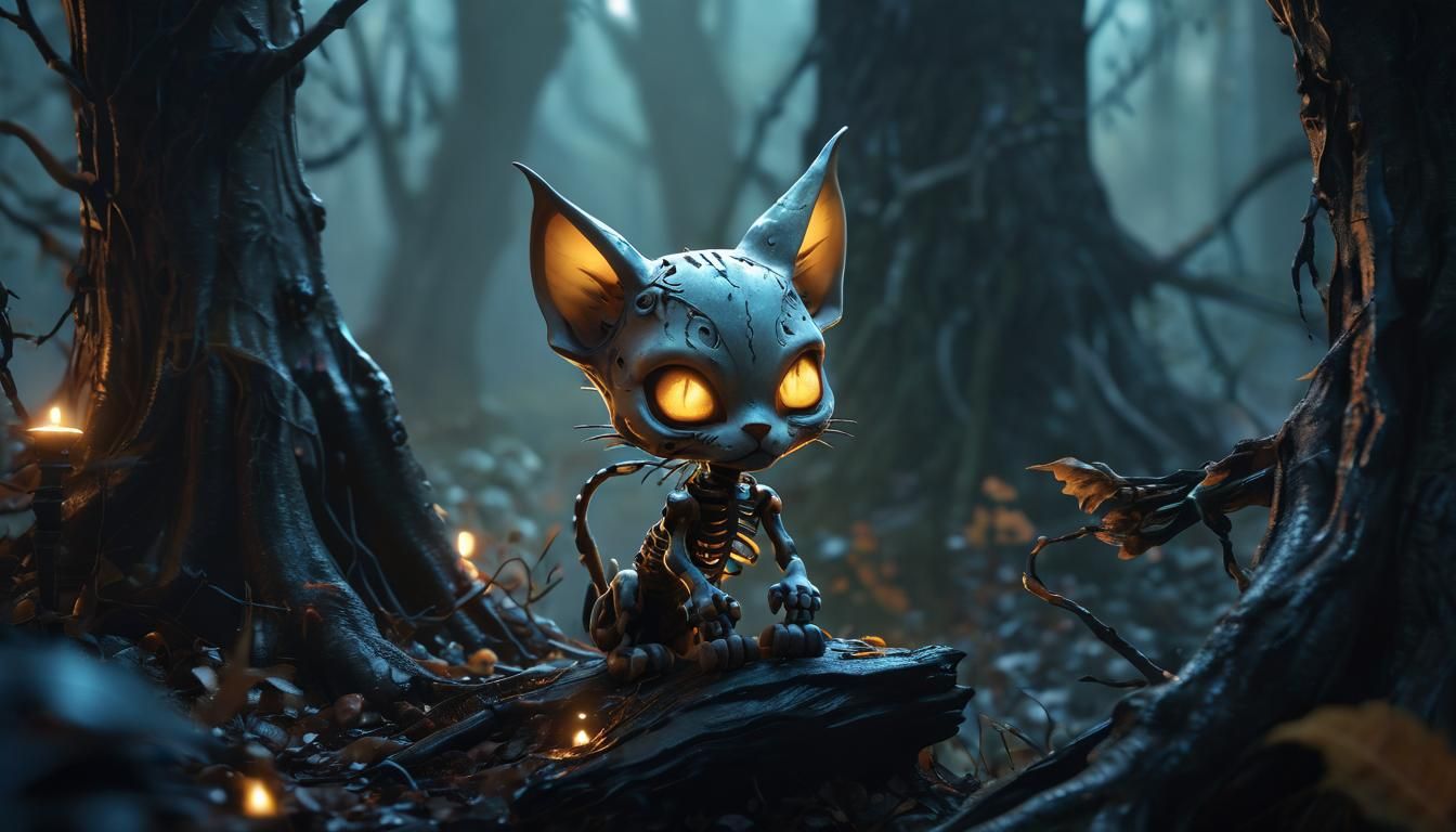 Chibi Skeletal Cat Playing in Misty Forest