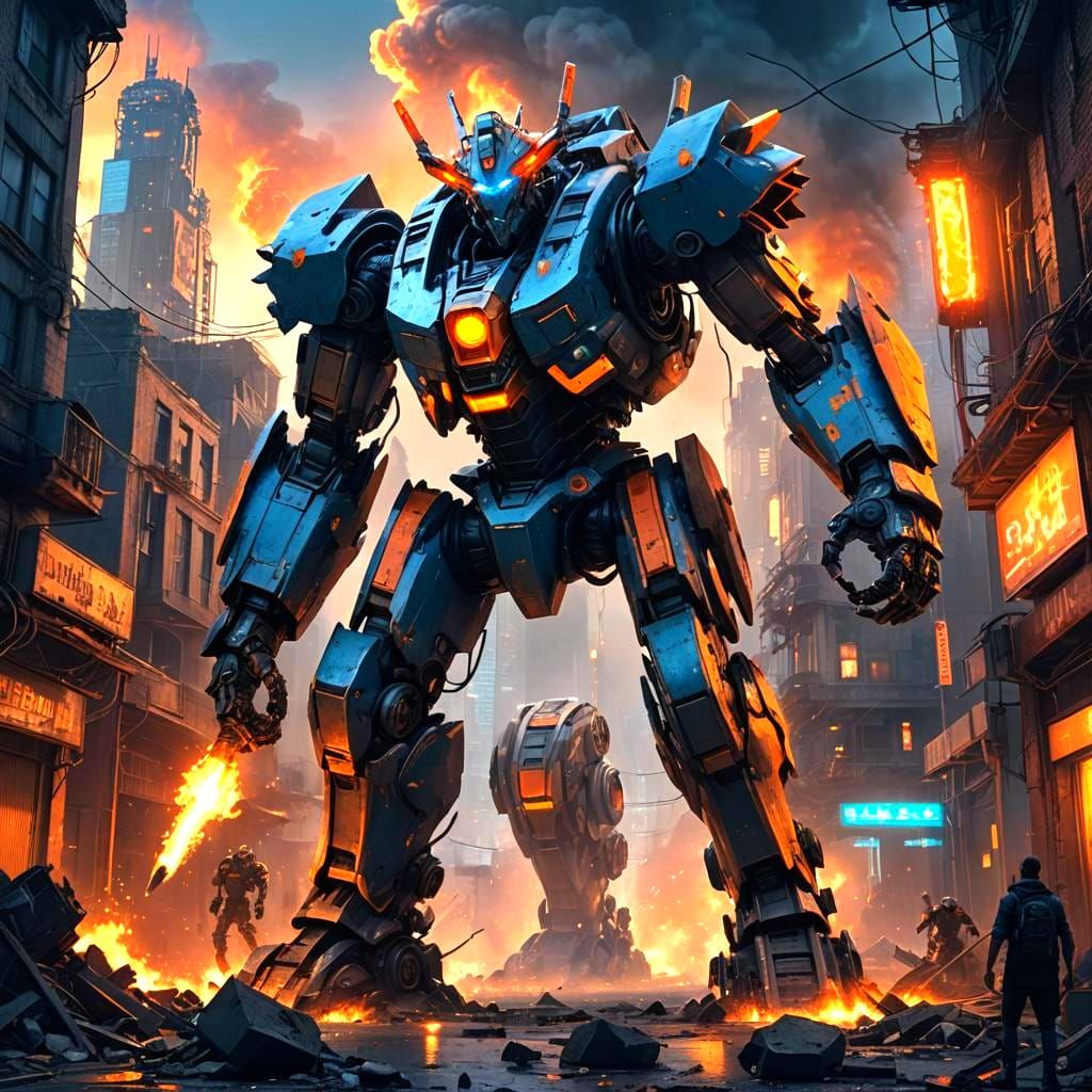 Robot vs Monster Battle in Detailed Matte Painting