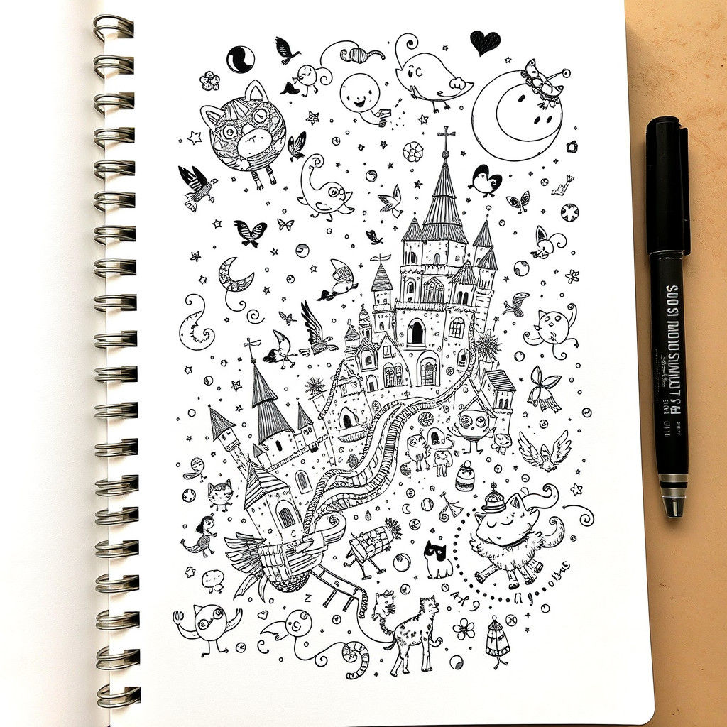 Swirling Doodle World with Tiny Characters