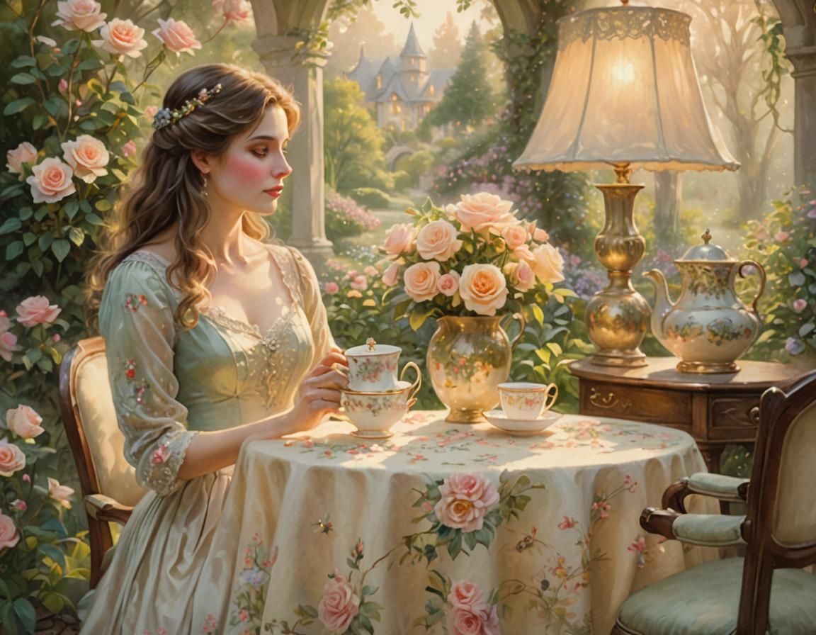 Woman in Floral Garden with Teacup in Watercolor Style