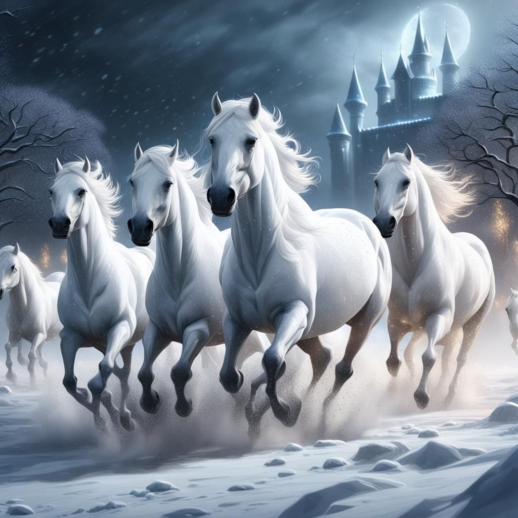 White Horses Run Through Winter Blizzard